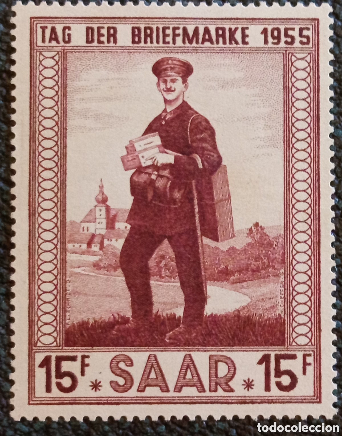 Sellos: Sello Sarre 15F 1955 D&iacute;a del Sello Cartero Rural Cat Michel #360 MNH