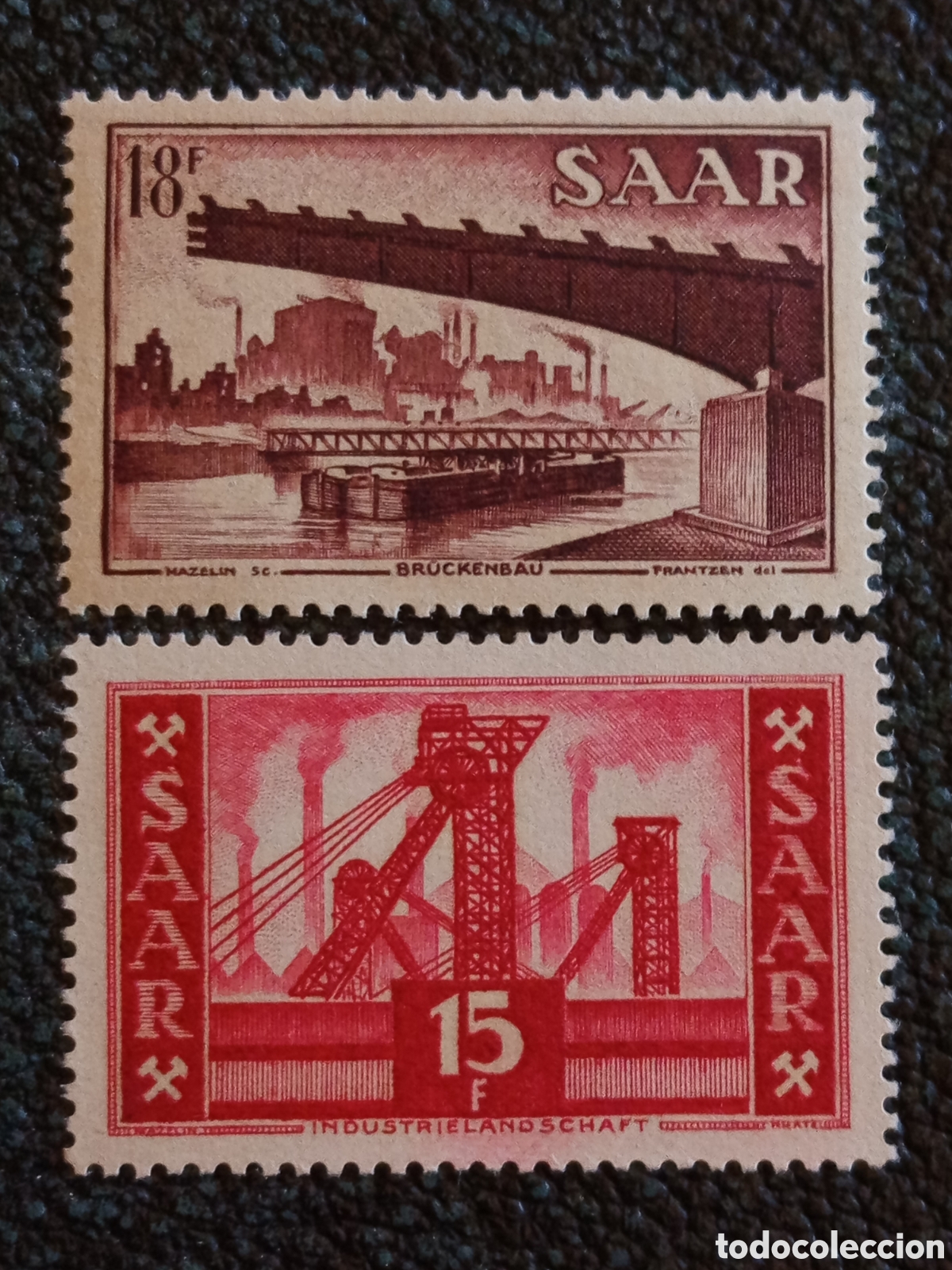 Selos: Lote 2 Sellos Sarre 1949 Industria Paisajes 15F 18F Cat Michel #274 #276 Nuevo MNH