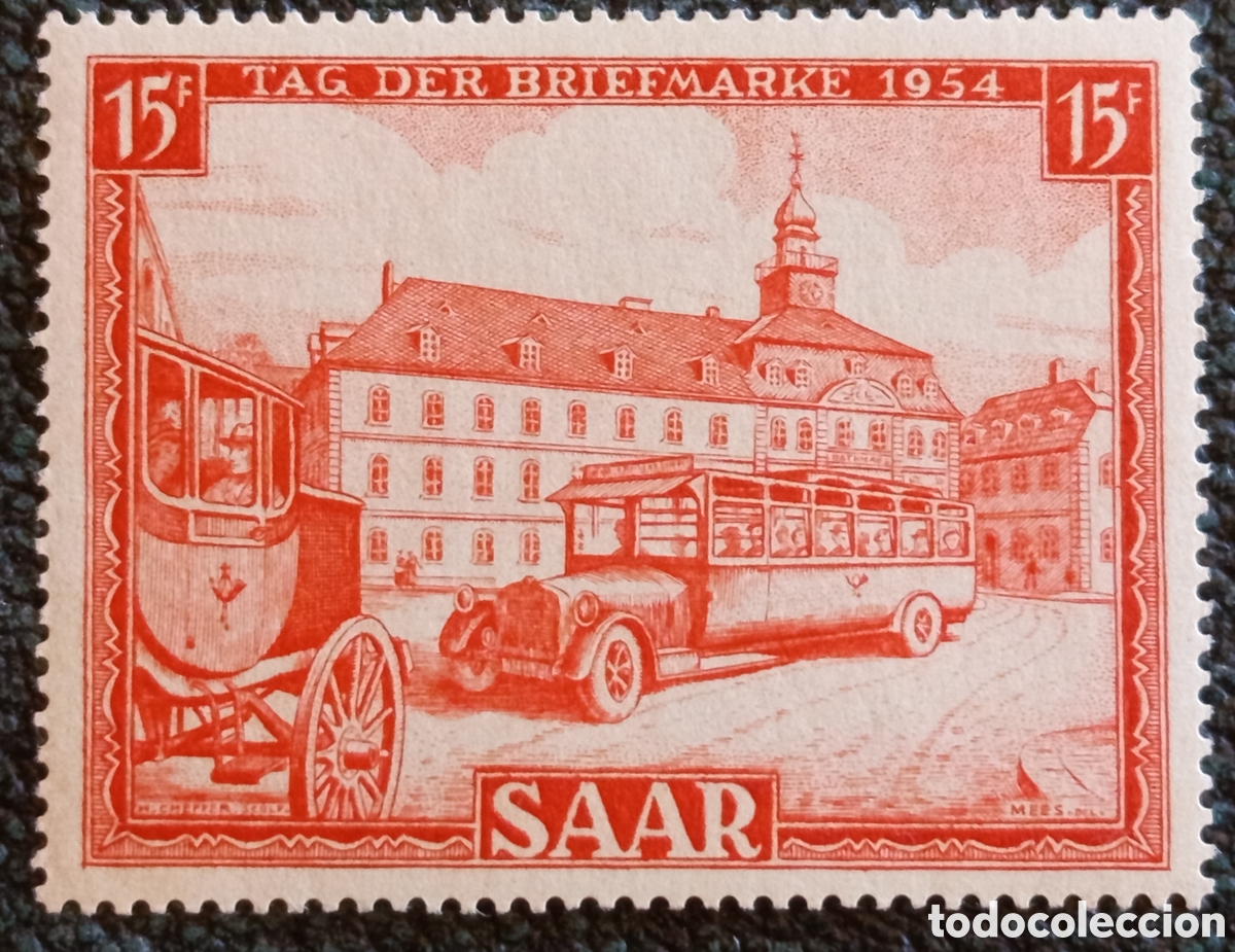 Selos: Sello Sarre 15F 1954 D&iacute;a del Sello Autob&uacute;s Correo Cat Michel #349 Nuevo