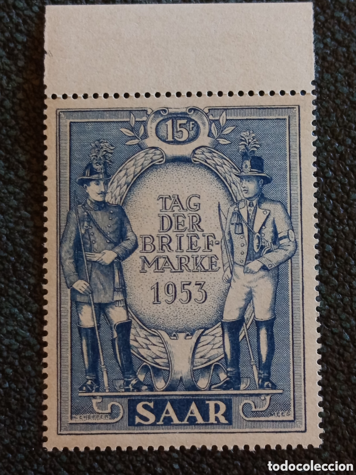 Selos: Sello Sarre 1953 D&iacute;a del Sello Postillones Borde de Pliego Cat Michel #342 MNH