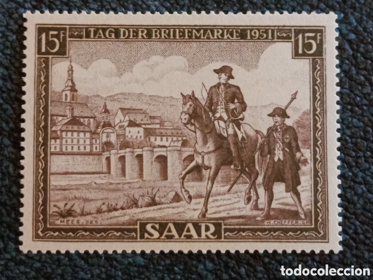 Selos: Sello Sarre 1951 D&iacute;a del Sello Jinete a Caballo Cat Michel #305 Excelente MNH