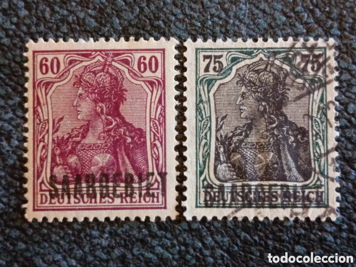 Sellos: Lote 2 Sellos Sarre Germania 1920 Sobrecarga Saargebiet Cat Michel #13 #14 Mixto