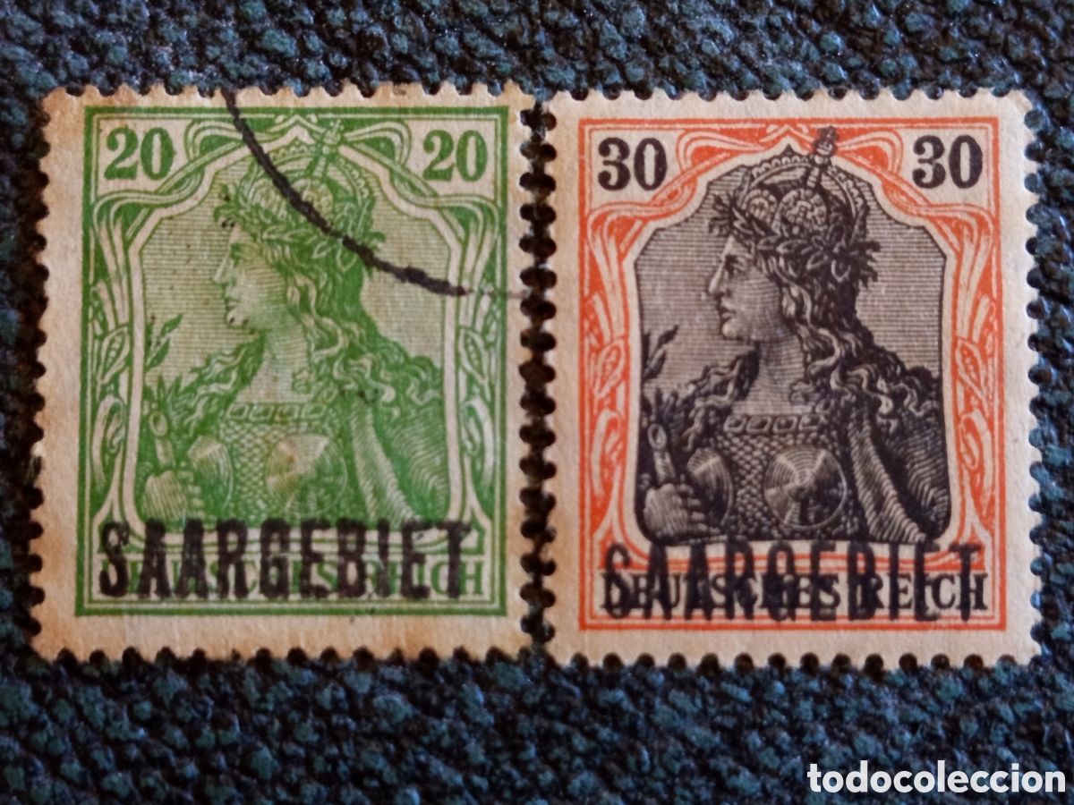 Sellos: Lote 2 Sellos Sarre Germania 1920 Sobrecarga Saargebiet Cat Michel #7 #9 Mixto