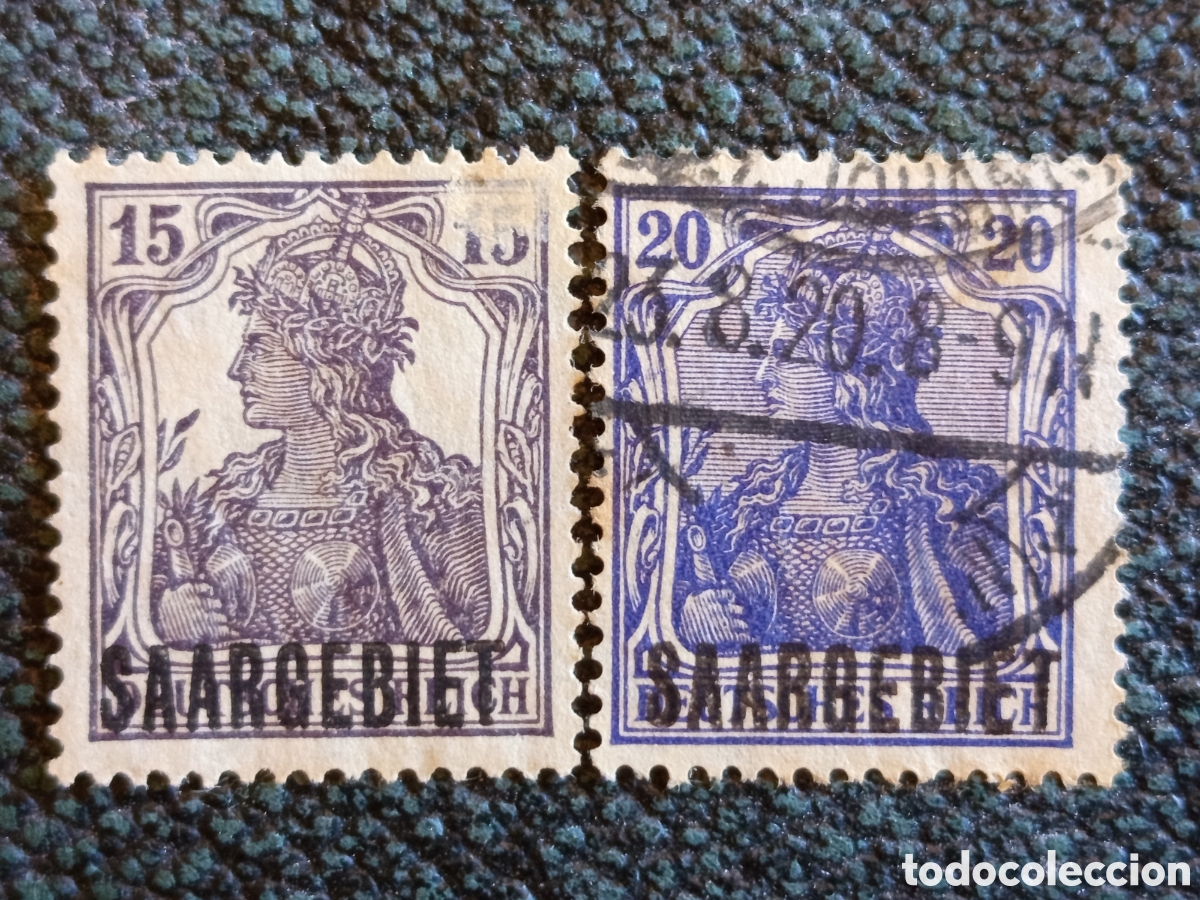Sellos: Lote 2 Sellos Sarre Germania 1920 Sobrecarga Saargebiet Cat Michel #5 #6 Mixto