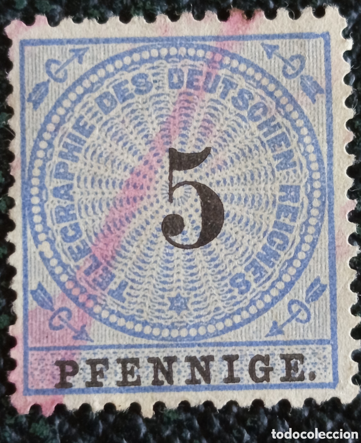 Sellos: Alemania 1879 Sello Telegr&aacute;fico 5 Pfennige azul con marquilla AP en reverso