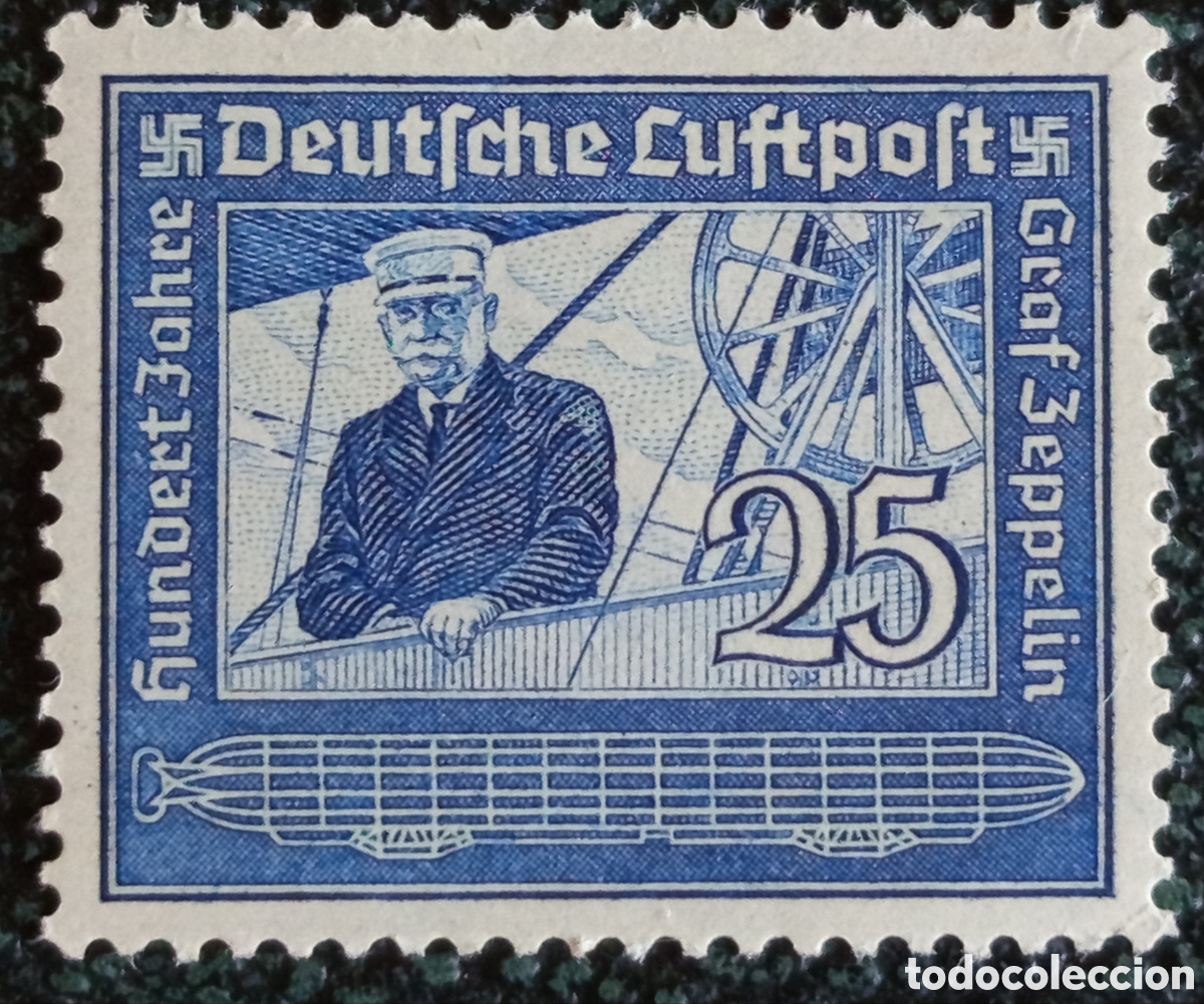 Sellos: Alemania 1928 Homenaje a Graf Zeppelin 25 pfennigs azul (Michel 423) MNH**
