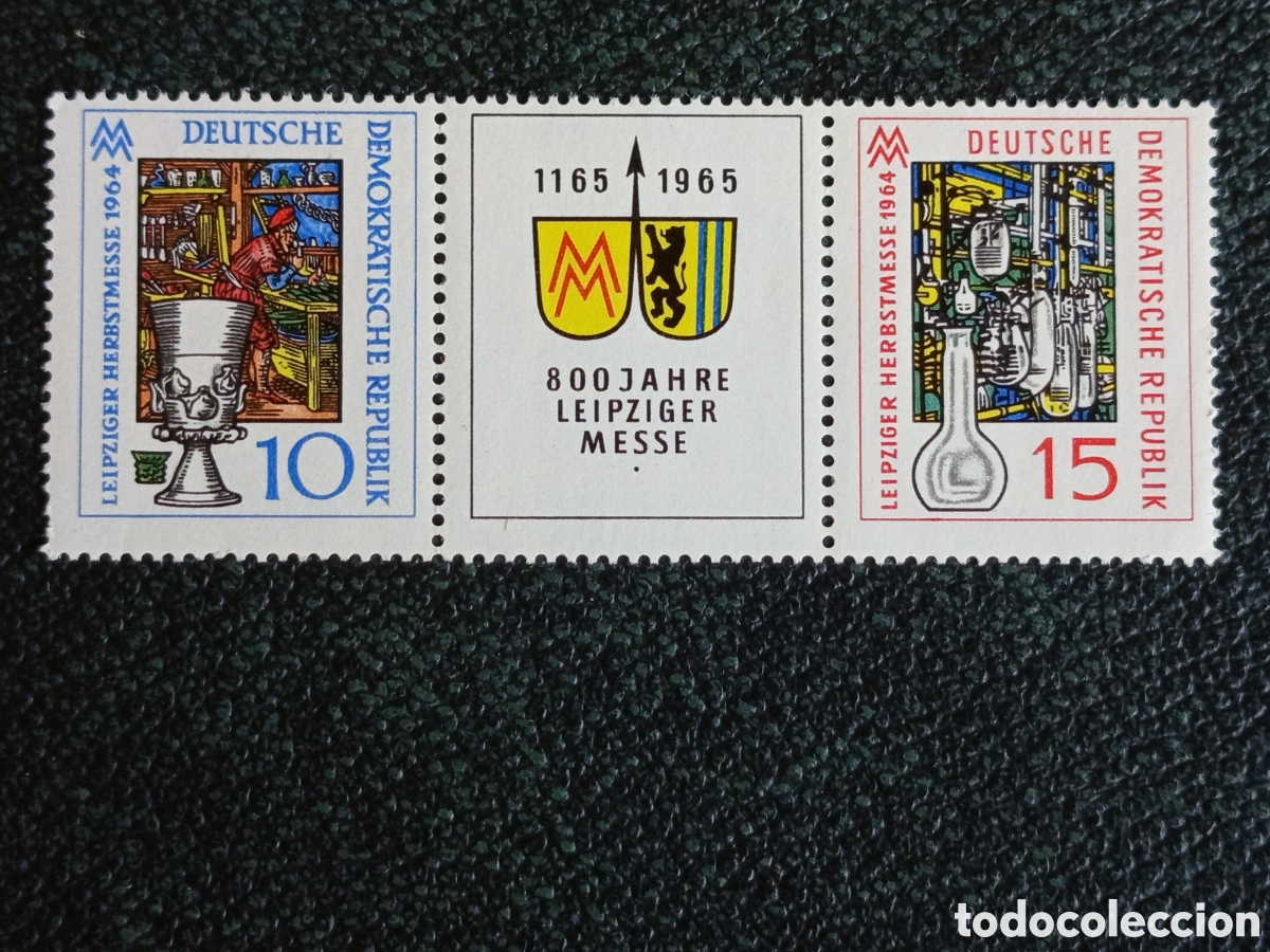 Sellos: Tira con vi&ntilde;eta central RDA 1965 Feria de Leipzig (Michel 1130-1131) MNH