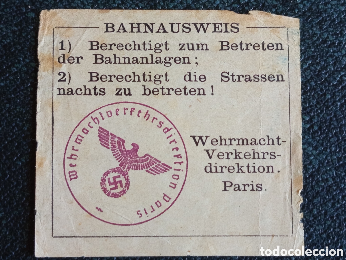 Selos: Francia Ocupada WWII Pase Toque de Queda Bahnausweis Wehrmacht Paris