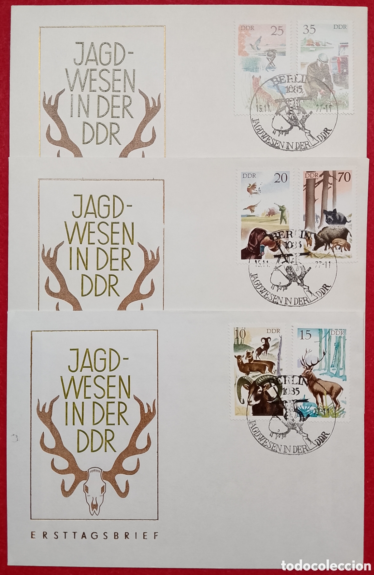 Sellos: Alemania Oriental (RDA) 1977 - Serie Completa Caza &rdquo;Jagdwesen&rdquo; en 3 FDC