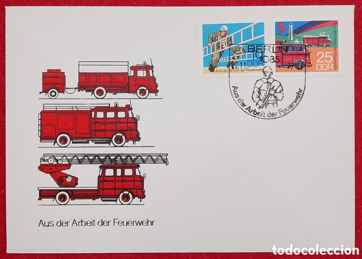 Sellos: Sobre primer d&iacute;a FDC Alemania Oriental DDR 1977 - Aus der Arbeit der Feuerwehr (Bomberos)