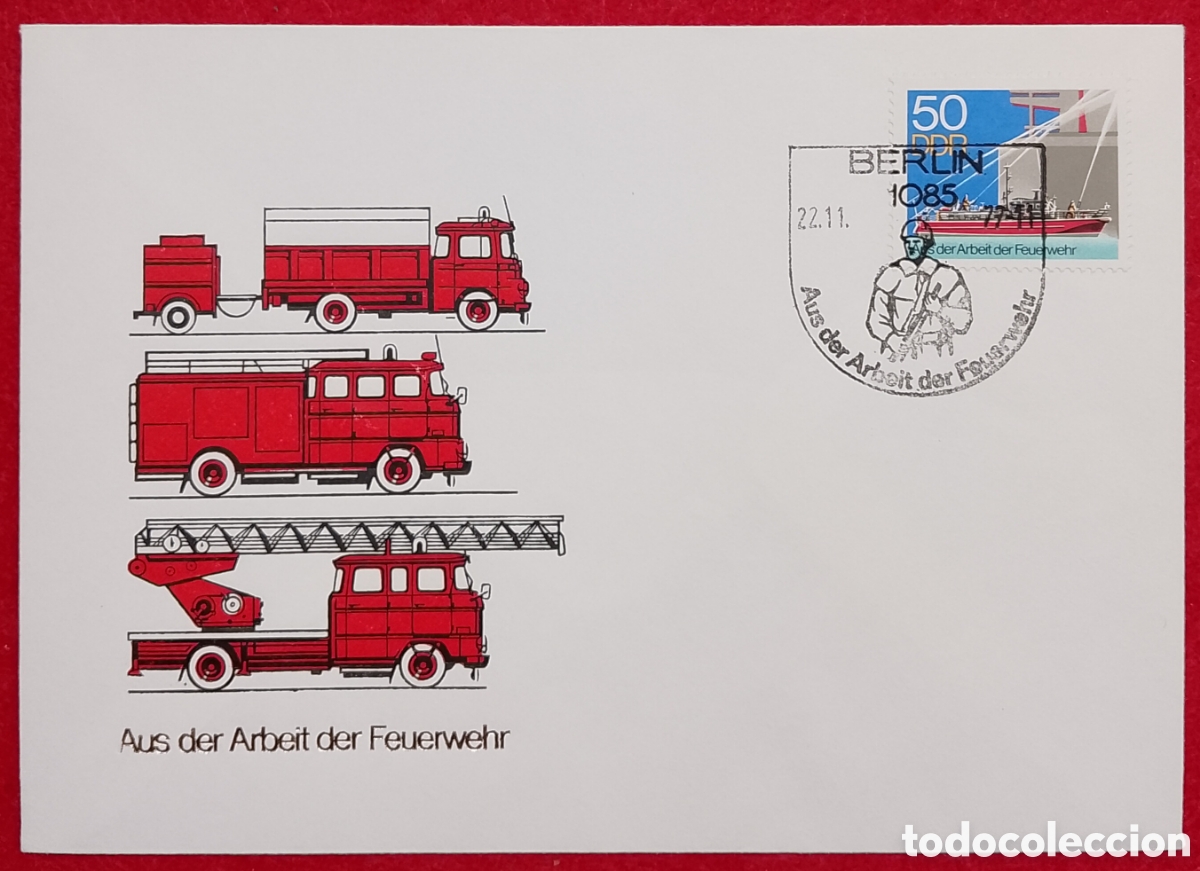 Sellos: Sobre Primer D&iacute;a FDC DDR 1977 Camiones de Bomberos IFA W50, Matasellos Especial Berl&iacute;n 1085