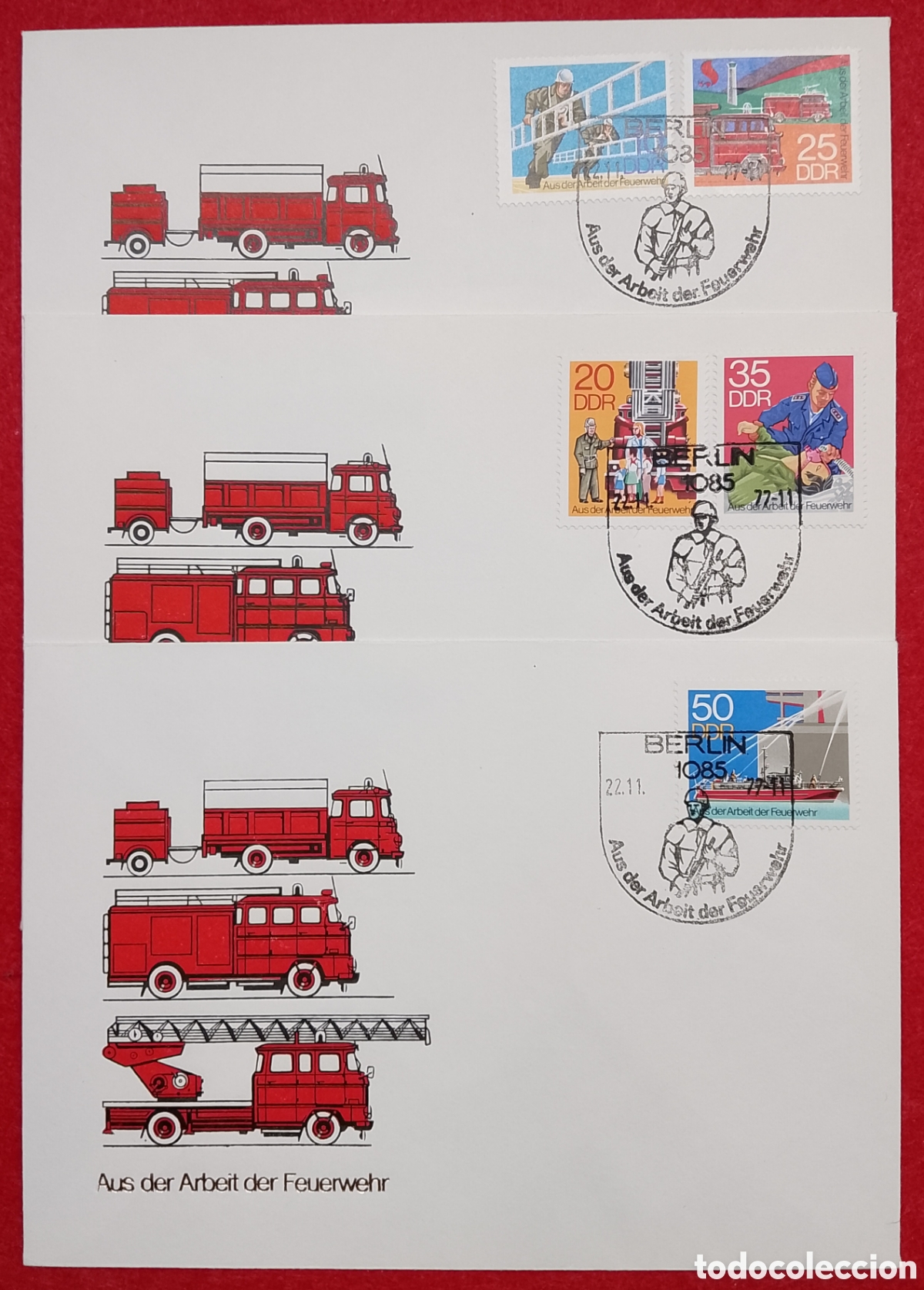 Sellos: Sobre primer d&iacute;a Alemania DDR 1977 - Tarjetas M&aacute;ximas Bomberos y Camiones (Serie Completa)