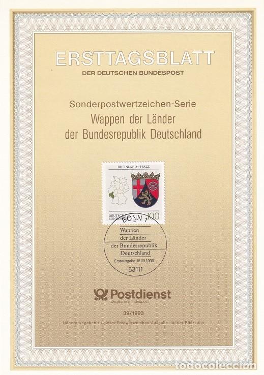 Sellos: Ersttagsblatt 39/1993 Bon / Wappen der L&auml;nder der Bundesrepublik Deutschland - Escudos de los Esta..