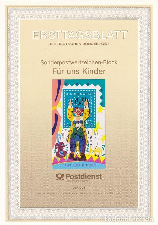 Sellos: Ersttagsblatt 38/1993 Bon / F&uuml;r uns Kinder - Pro infancia &middot; Payaso m&uacute;sico