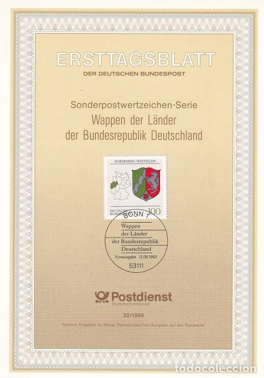 Sellos: Ersttagsblatt 32/1993 Bon / Wappen der L&auml;nder der Bundesrepublik Deutschland - Escudos de los esta..