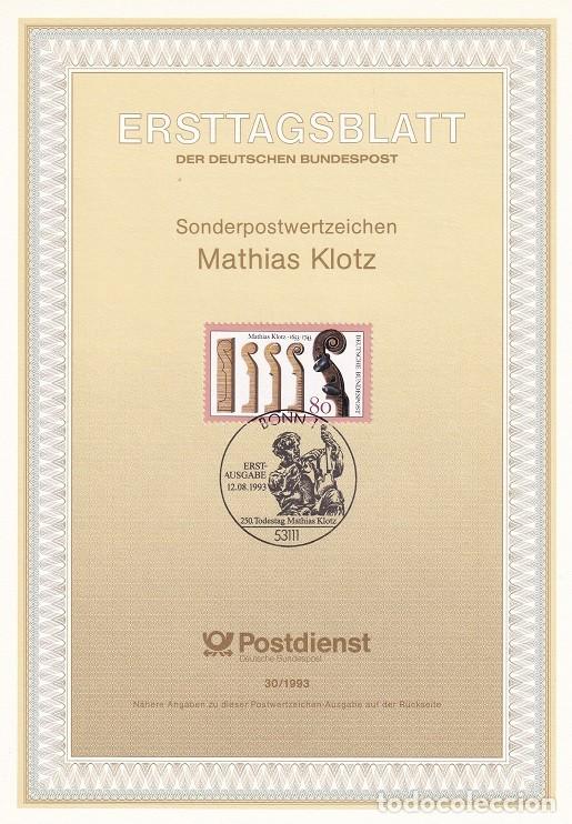 Sellos: Ersttagsblatt 30/1993 Bon / 250 Todestag Mathias Klotz - Fase de fabricaci&oacute;n &middot; 250 Aniv. de la mue..