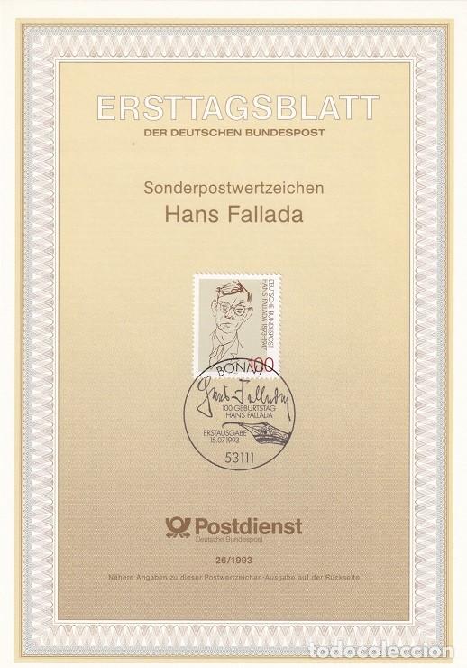 Sellos: Ersttagsblatt 26/1993 Bon / 100 Geburtstag Hans Fallada - Centenario del nacimiento del escritor H..