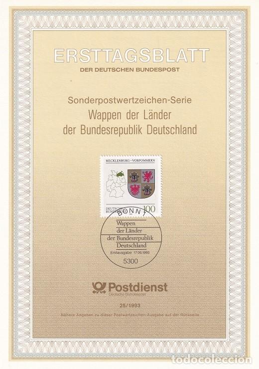 Sellos: Ersttagsblatt 25/1993 Bon / Wappen der L&auml;nder der Bundesrepublik Deutschland - Escudos de los esta..
