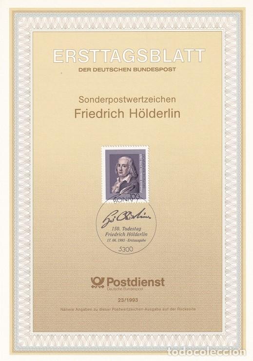Sellos: Ersttagsblatt 23/1993 Bon / 150 Todestag Friedrich H&ouml;lderlin - 150 Aniv. de la muerte del poeta Fr..