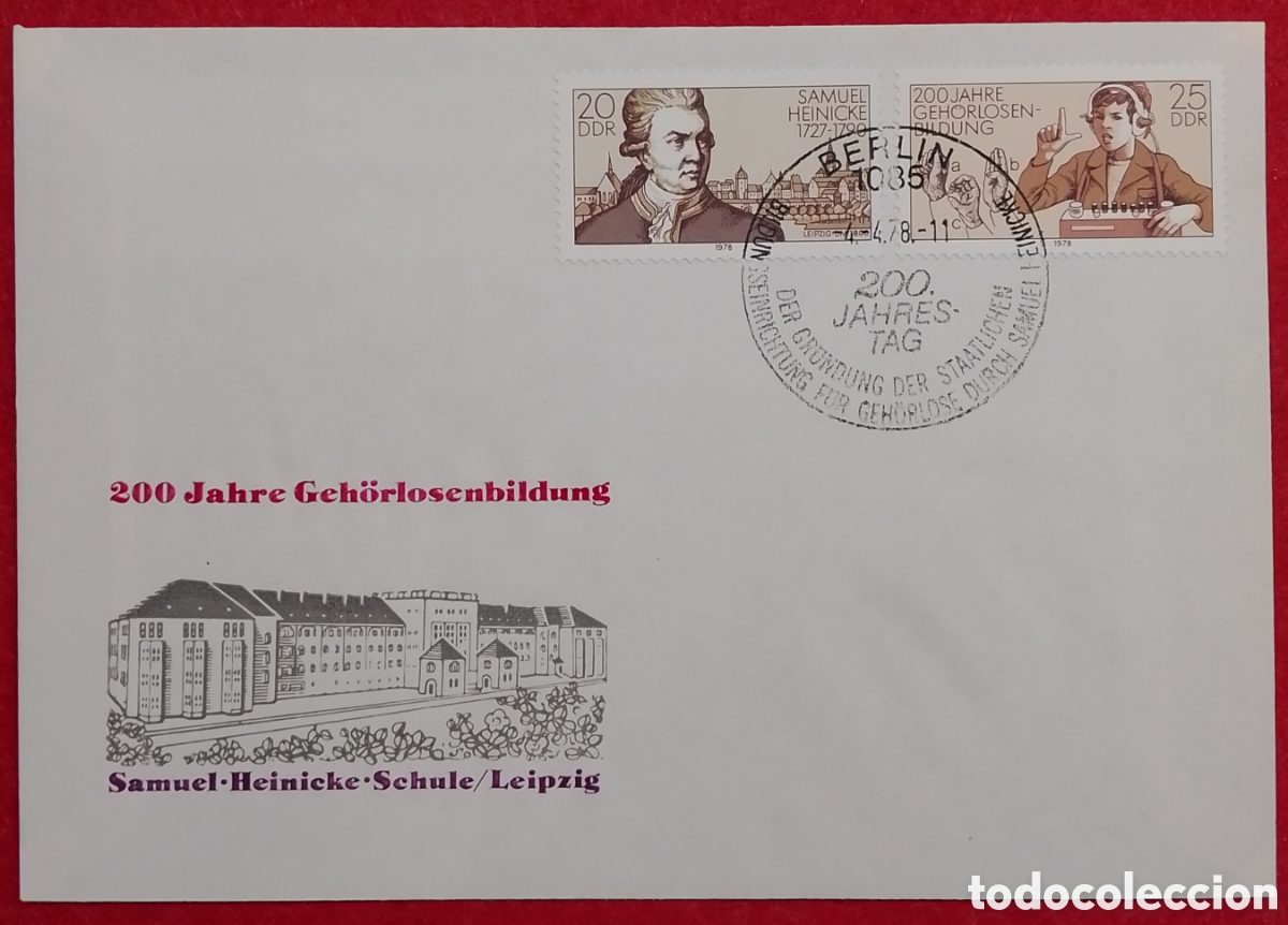 Sellos: Sobre de Primer D&iacute;a (FDC) RDA 1978 &ndash; 200 A&ntilde;os de Educaci&oacute;n para Sordos (Samuel Heinicke)