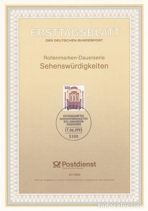 Sellos: Ersttagsblatt 21/1993 Bon / Sehensw&uuml;rdigkeiten - Serie b&aacute;sica Turismo &middot; Teatro estatal de Cottbus