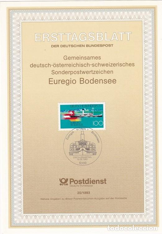 Sellos: Ersttagsblatt 20/1993 Bon / Euregio Bodensee - Conjunta con Austria y Suiza &middot; Barco Hohentwiel &middot; E..