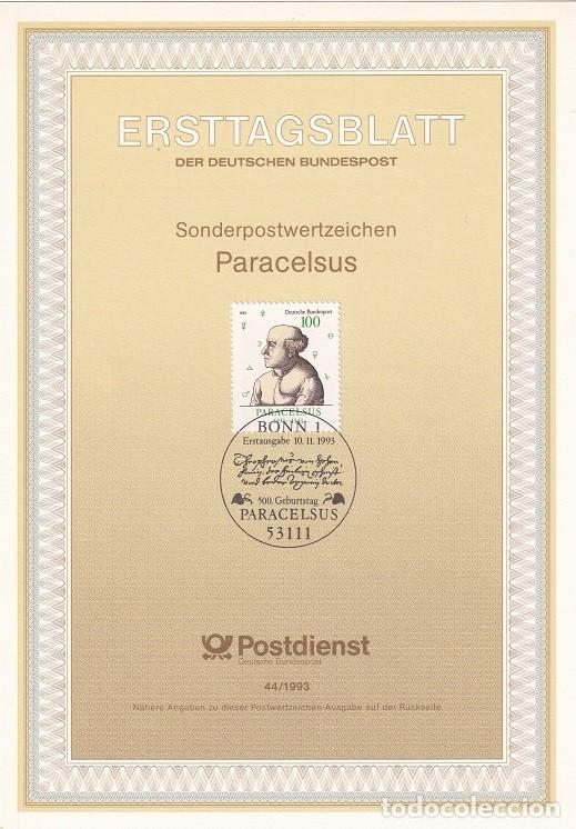 Sellos: Ersttagsblatt 44/1993 Bon / 500 Geburtstag Paracelsus - Retrato, grabado de 1538 &middot; 500 Aniv. de la..