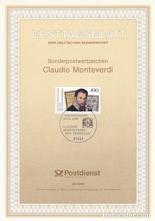 Sellos: Ersttagsblatt 45/1993 Bon / Claudio Monteverdi - 350 Aniv. de la muerte del compositor Claudio Mon..
