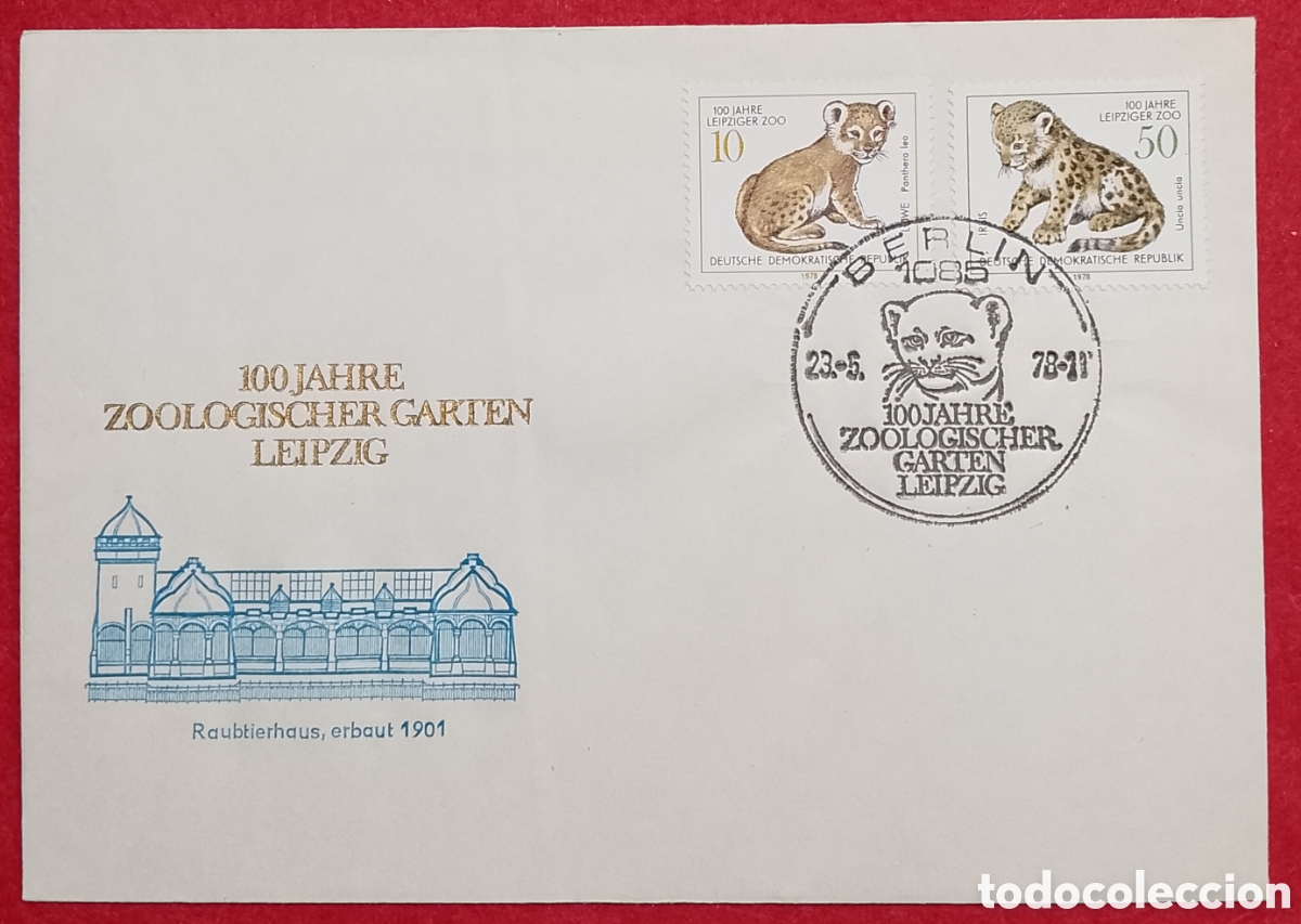 Sellos: Sobre de Primer D&iacute;a (FDC) Alemania Oriental DDR 1978 - Centenario Zoo de Leipzig