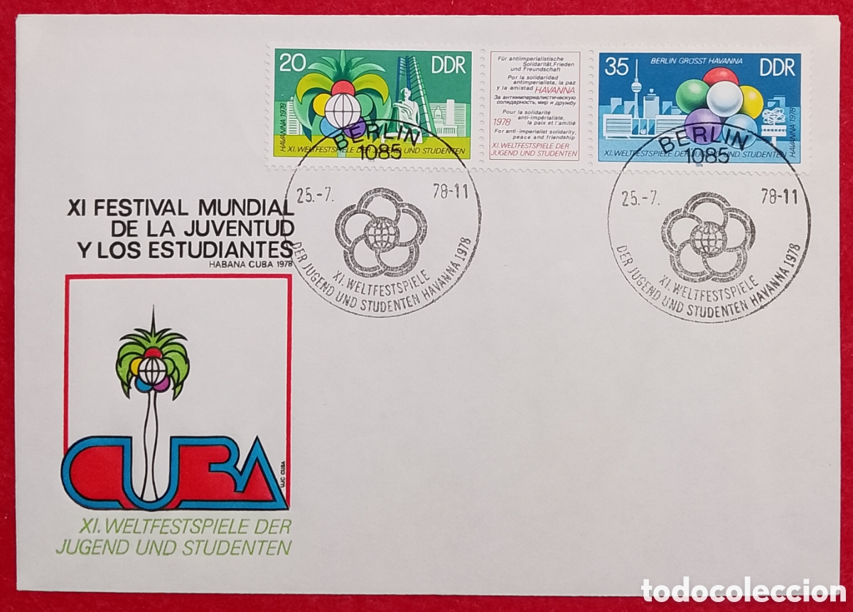 Sellos: Sobre Primer D&iacute;a (FD (DDR) 1978 - XI Festival Mundial de la Juventud y los Estudiantes - La Ha