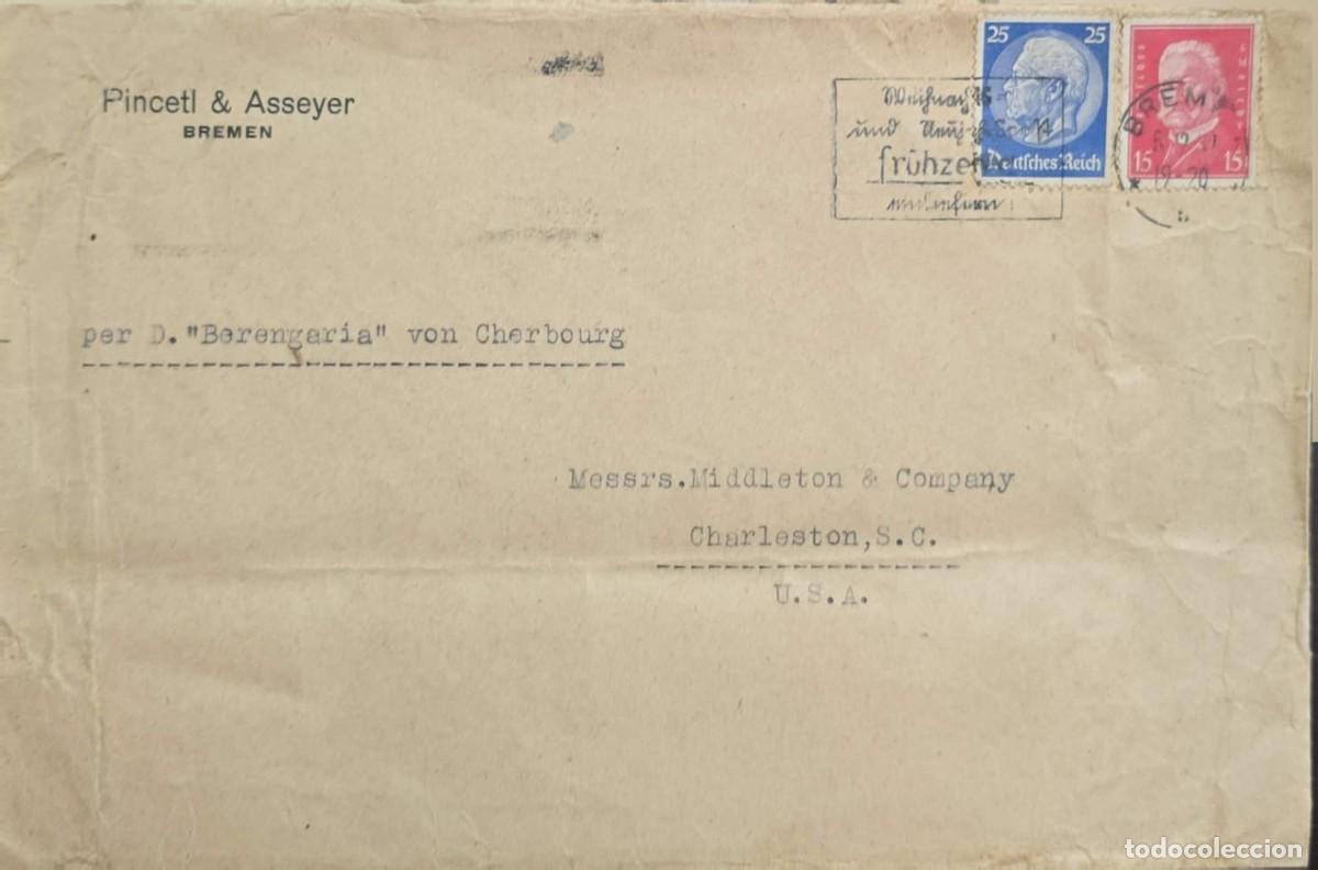 Sellos: MI) 1930 GERMANY, SENT FROM BREMEN TO CHARLESTON, USA; BEARING STAMPS FEATURING PORTRAITS OF PRESIDE