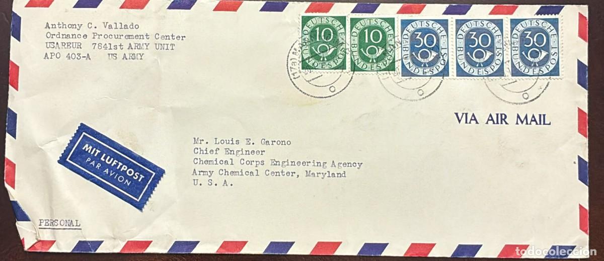 Sellos: TS) 1950 GERMANY, AIRMAIL, COVER SENT FROM HEIDELBERG TO MARYLAND,POST HORN AND CIPHER STAMPS,VF.