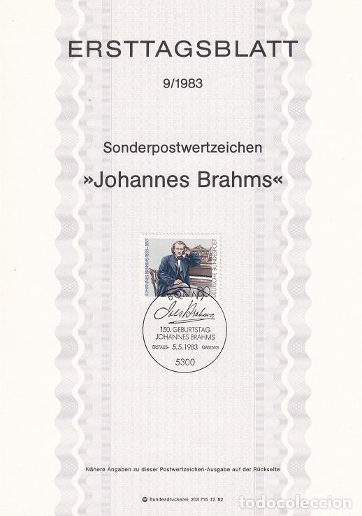 Sellos: Ersttagsblatt 9/1983 Bon - 150 Aniversario del nacimiento del compositor Johannes Brahms 1833-1897