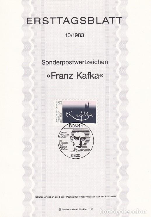 Sellos: Ersttagsblatt 10/1983 Bon - Centenario del escritor Franz Kafka 1883-1924 Firma e iglesia Tyn Praga