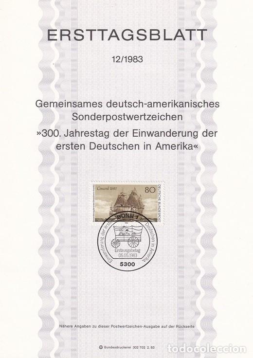 Sellos: Ersttagsblatt 12/1983 Bon - Emigraci&oacute;n alemana hacia Am&eacute;rica Conjunta con Estados Unidos - Concord