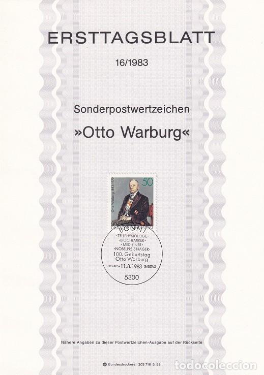 Sellos: Ersttagsblatt 16/1983 Bon - Centenario nacimiento de Otto Warburg 1883-1970 Nobel de Medicina