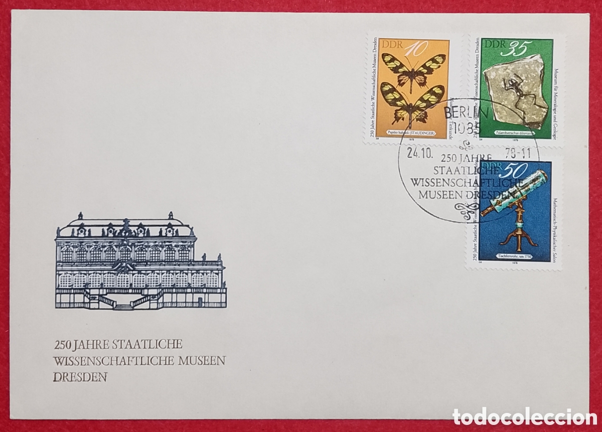 Sellos: Sobre Primer D&iacute;a FDC DDR 1978 - Museos de Dresde (Mariposa, F&oacute;sil, Telescopio)