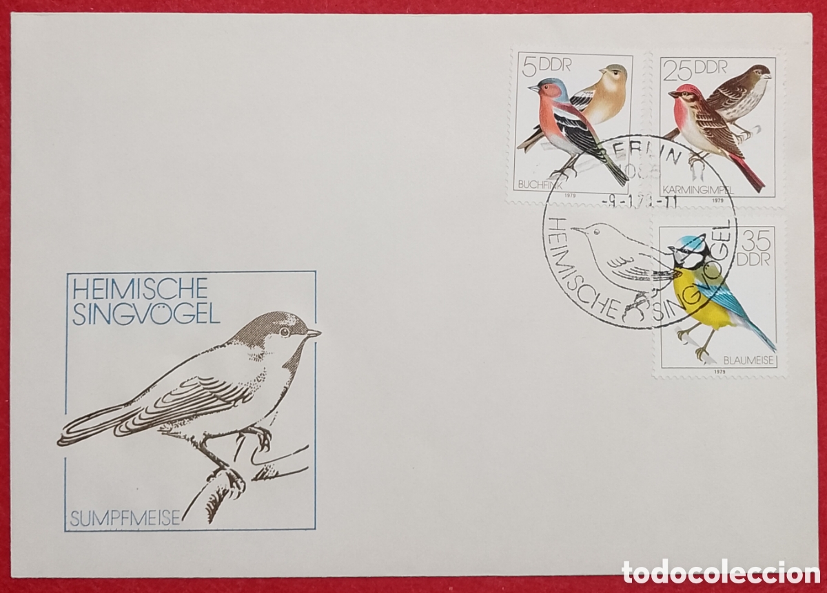 Sellos: Sobre primer d&iacute;a Alemania Oriental 1979 - Colecci&oacute;n P&aacute;jaros Cantores