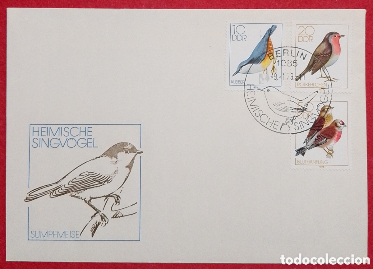 Sellos: Sobre primer d&iacute;a Alemania Oriental 1979 - Colecci&oacute;n P&aacute;jaros Cantores