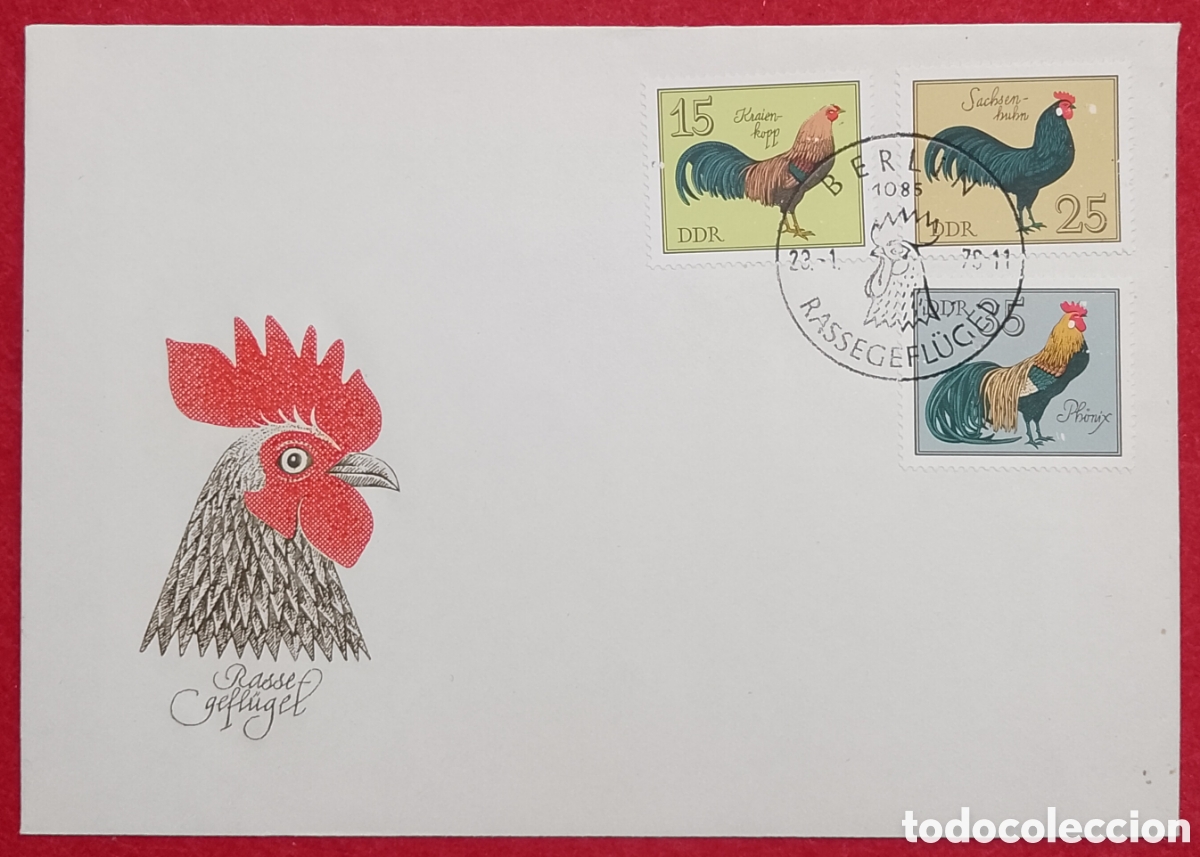 Sellos: Sobre Primer D&iacute;a Alemania Oriental (DDR) 1979 - Serie Gallos de Raza Rassegefl&uuml;gel
