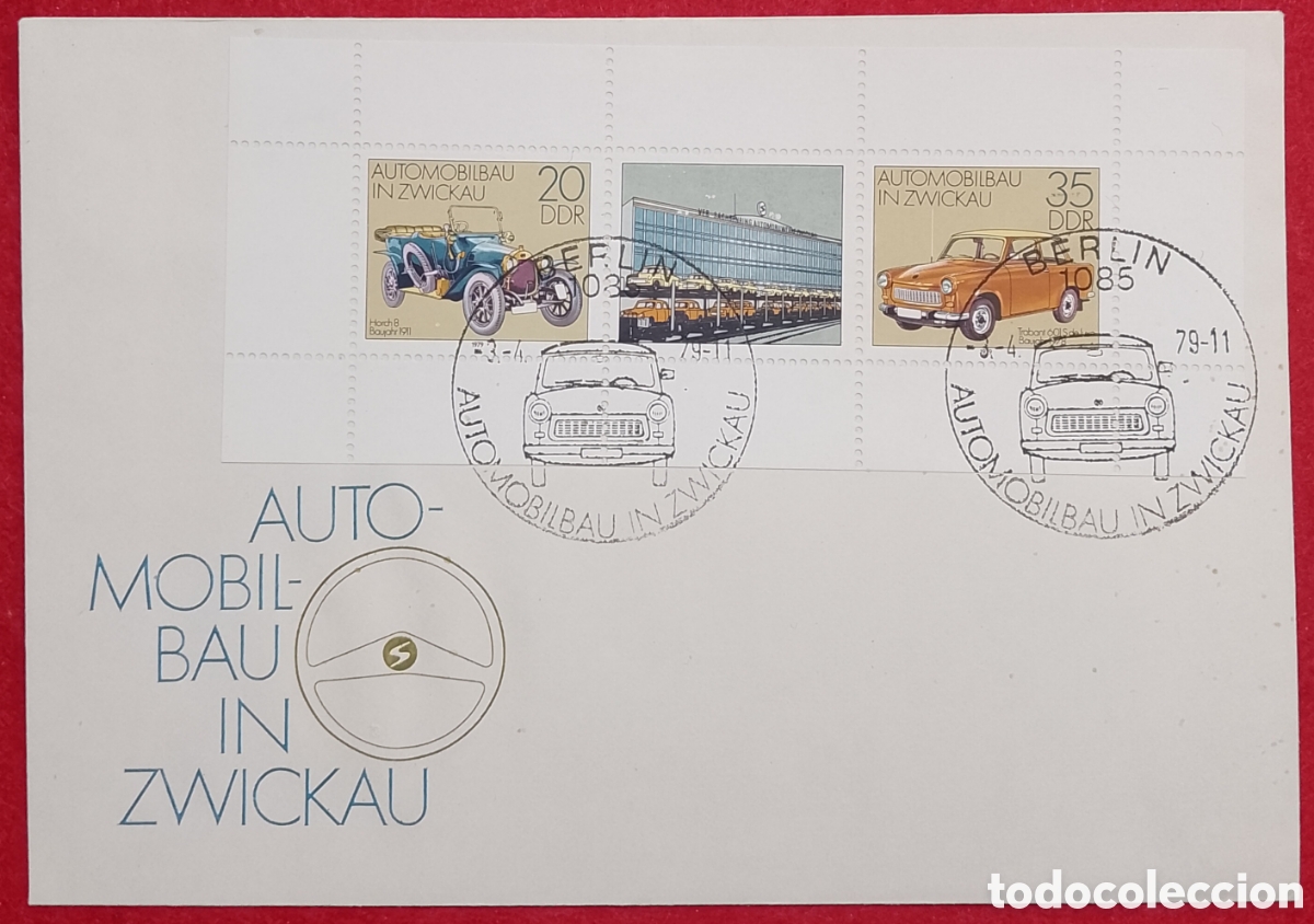 Sellos: Sobre Primer D&iacute;a Alemania Oriental RDA 1979 Hojita Bloque Autom&oacute;vil Trabant