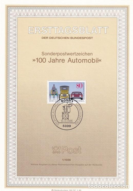 Sellos: Ersttagsblatt 1/1986 Bon - Centenario industria del autom&oacute;vil Triciclo Benz coche saloon 1912 actual
