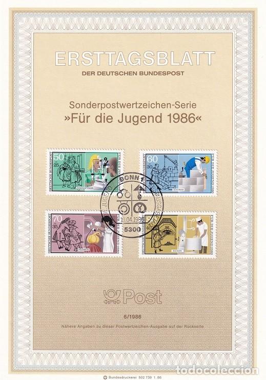 Sellos: Ersttagsblatt 6/1986 Bon - Pro juventud Profesiones &middot; &Oacute;ptico &middot; Alba&ntilde;il &middot; Peluquera &middot; Panadero