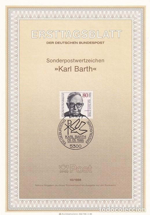 Sellos: Ersttagsblatt 10/1986 Bon - Centenario de la muerte del te&oacute;logo Karl Barth 1886-1968