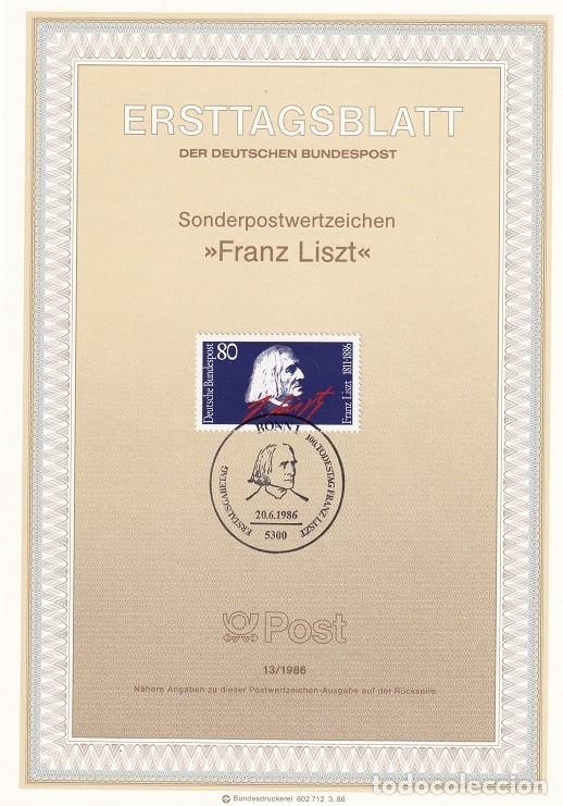Sellos: Ersttagsblatt 13/1986 Bon - Centenario nacimiento del compositor y pianista Franz Liszt 1811-1886
