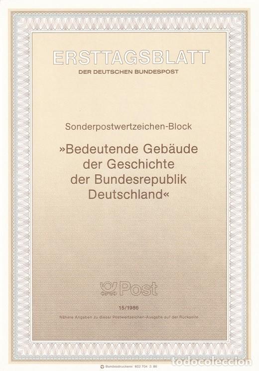 Sellos: Ersttagsblatt 15/1986 Bon - Edificios hist&oacute;ricos &middot; Reichstag &middot; Museo Koenig &middot; Casa federal - Bedeu..