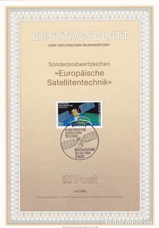 Sellos: Ersttagsblatt 16/1986 Bon - Sat&eacute;lite europeo de telecomunicaciones - Europ&auml;ische Satellitentechnik