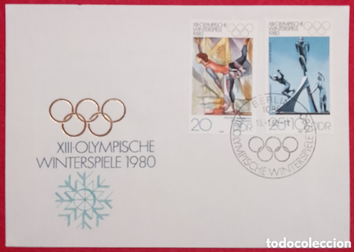 Sellos: Sobre Primer D&iacute;a FDC - DDR Alemania Oriental 1980 - XIII Juegos Ol&iacute;mpicos de Invierno Lake Placid