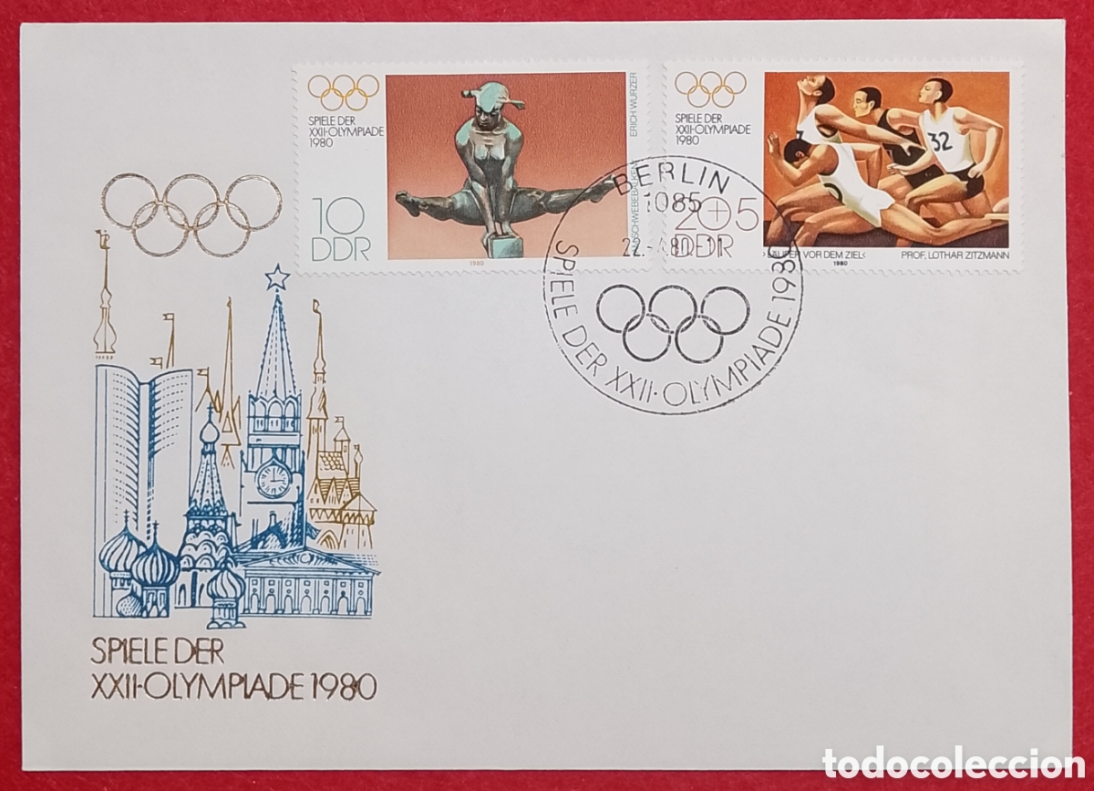 Sellos: Sobre Primer D&iacute;a FDC Alemania Oriental DDR - Olimpiadas Mosc&uacute; 1980