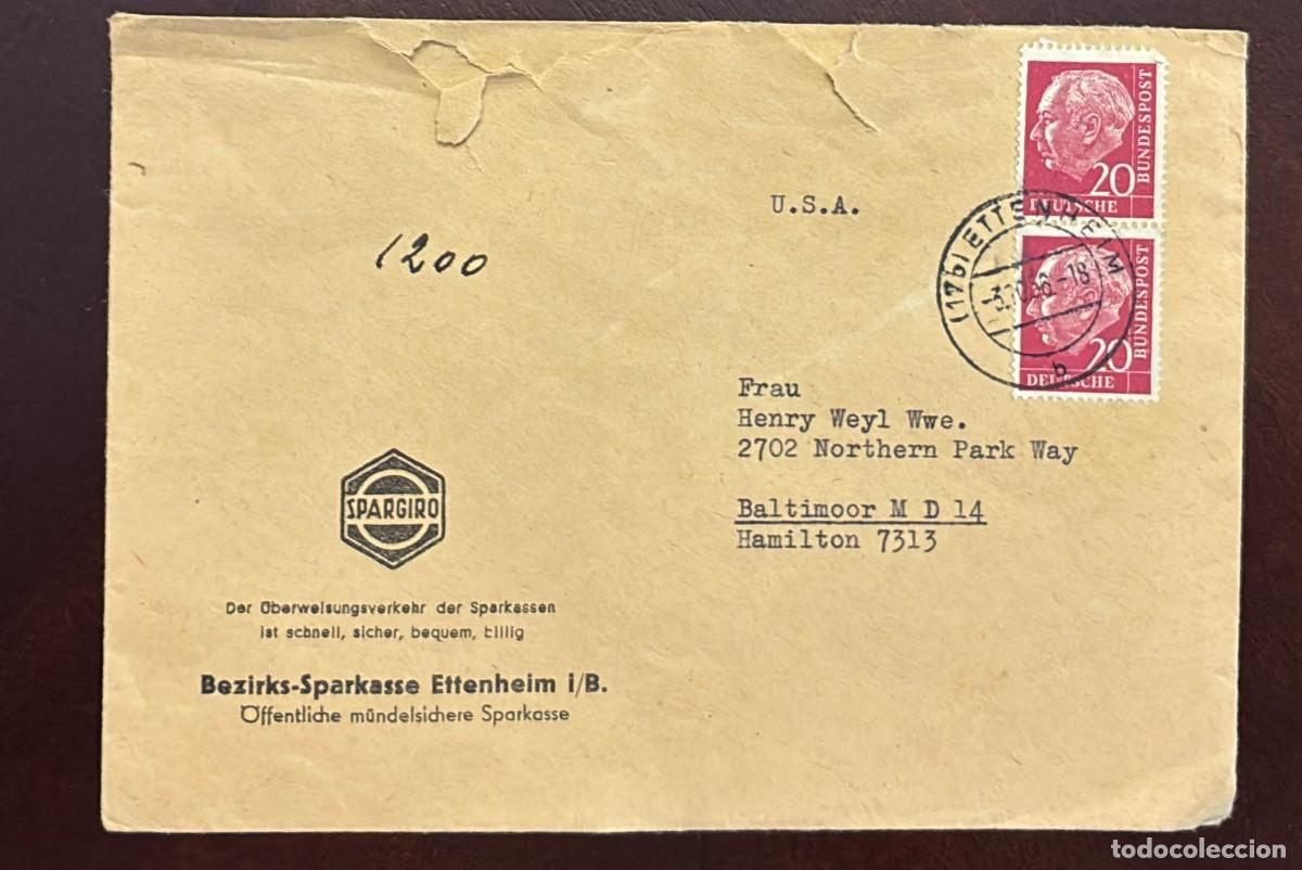 Sellos: TS) 1956 GERMANY, COVER SENT FROM BADEN TO MARYLAND,PRESIDENT DR. THEDORE HEUSS 3 C.VF.